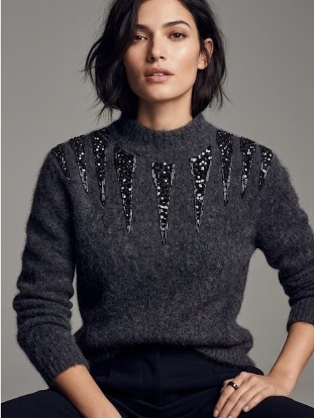 Raoul Mohair / Silk Blend Turtleneck Sweater with Sequin and Beaded Accents
